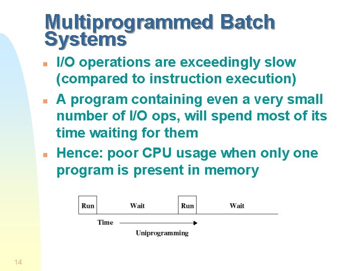 Multiprogrammed Batch Systems n n n 14 I/O operations are exceedingly slow (compared to