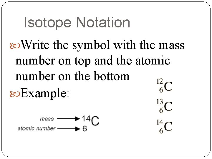 Isotope Notation Write the symbol with the mass number on top and the atomic