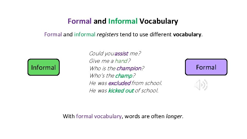 Formal and Informal Vocabulary Formal and informal registers tend to use different vocabulary. Informal