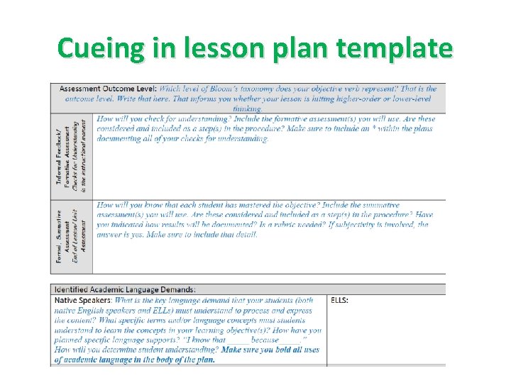 Cueing in lesson plan template Cueing in lesson plan template