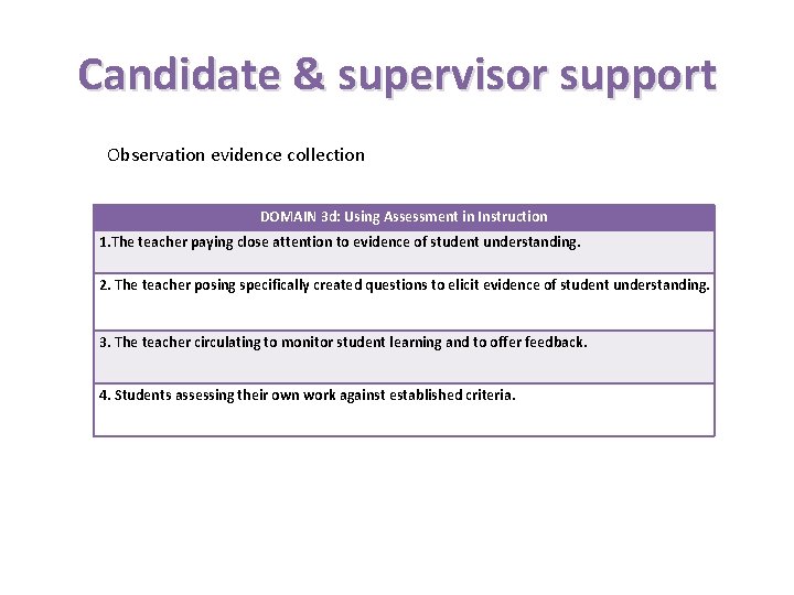 Candidate & supervisor support Observation evidence collection DOMAIN 3 d: Using Assessment in Instruction Candidate & supervisor support Observation evidence collection DOMAIN 3 d: Using Assessment in Instruction
