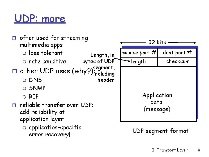 UDP: more r often used for streaming multimedia apps m loss tolerant m rate