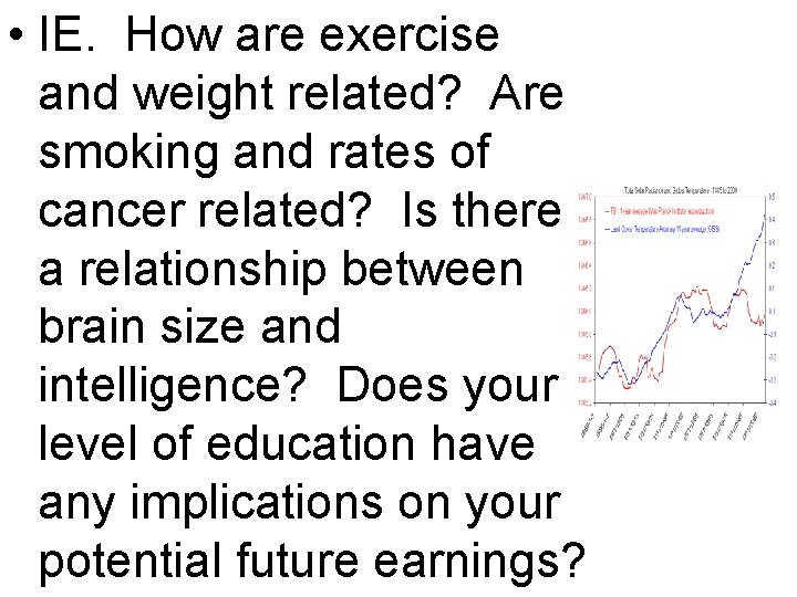  • IE. How are exercise and weight related? Are smoking and rates of