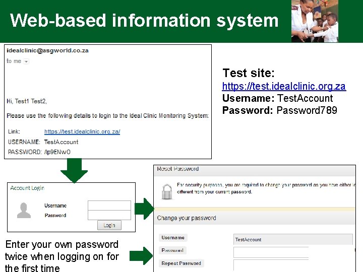 Web-based information system Test site: https: //test. idealclinic. org. za Username: Test. Account Password: