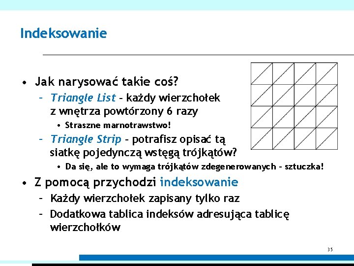 Indeksowanie • Jak narysować takie coś? – Triangle List – każdy wierzchołek z wnętrza