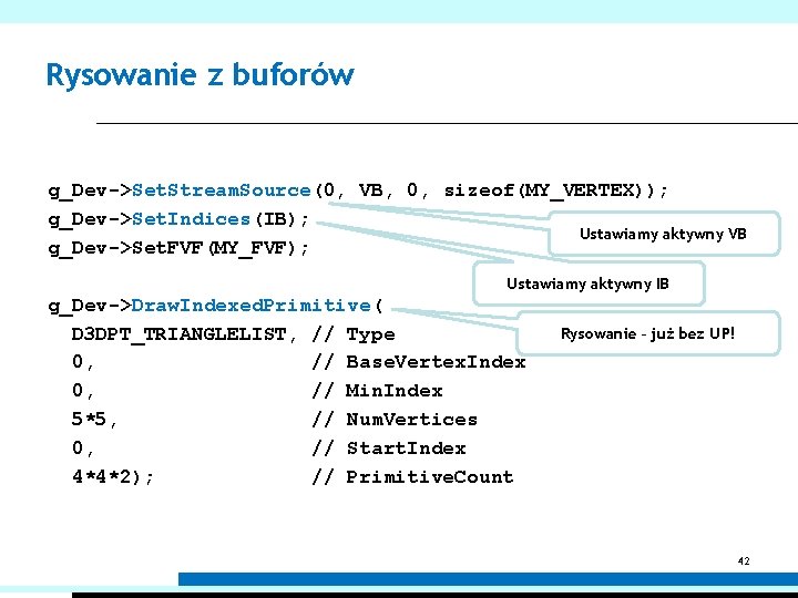 Rysowanie z buforów g_Dev->Set. Stream. Source(0, VB, 0, sizeof(MY_VERTEX)); g_Dev->Set. Indices(IB); Ustawiamy aktywny VB