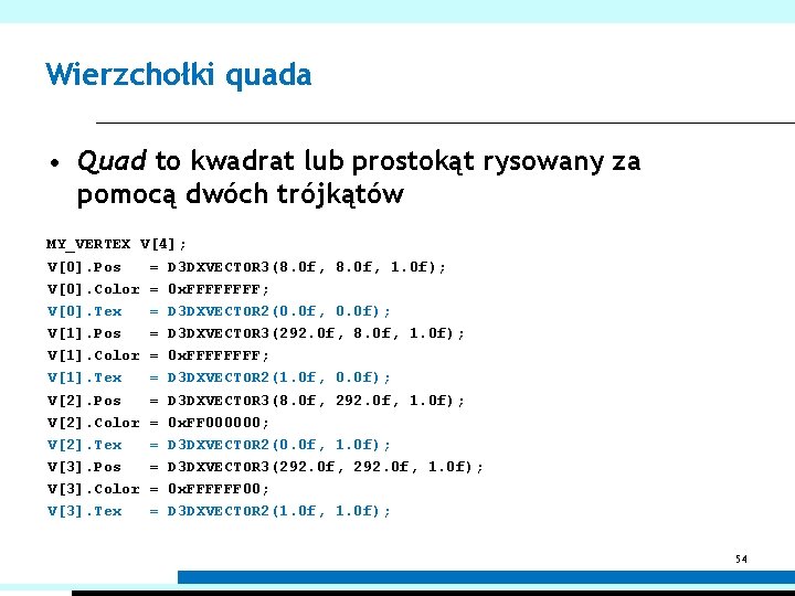 Wierzchołki quada • Quad to kwadrat lub prostokąt rysowany za pomocą dwóch trójkątów MY_VERTEX