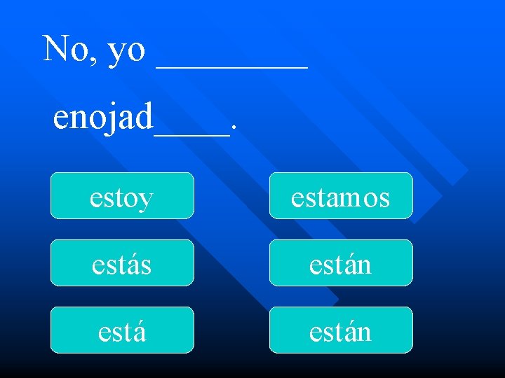 No, yo ____ enojad____. estoy estamos están 