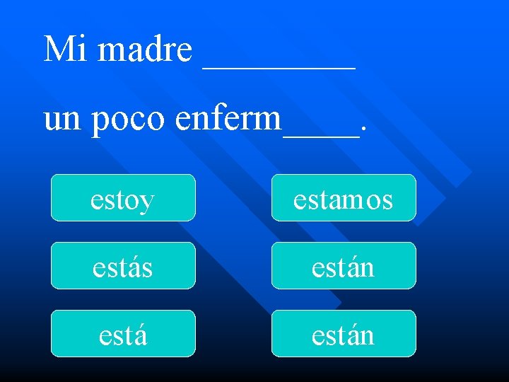 Mi madre ____ un poco enferm____. estoy estamos están 