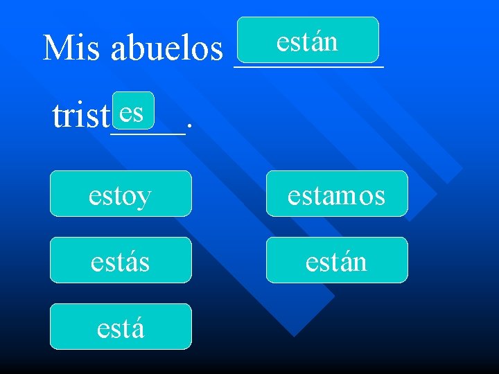 están Mis abuelos ____ es trist____. estoy estamos están está 