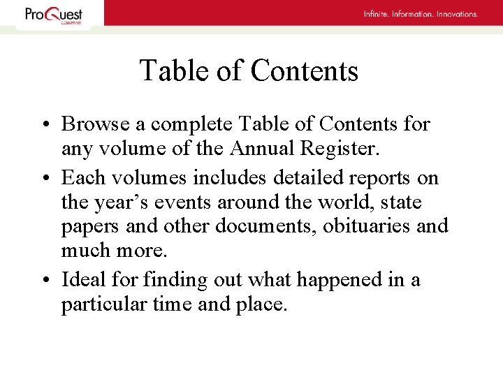 Table of Contents • Browse a complete Table of Contents for any volume of