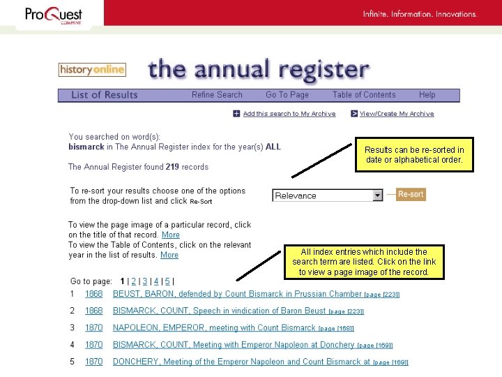 Results can be re-sorted in date or alphabetical order. All index entries which include