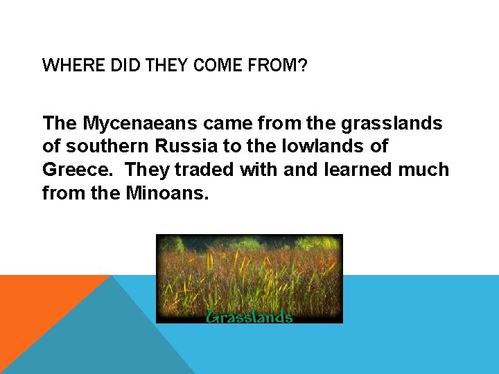 WHERE DID THEY COME FROM? The Mycenaeans came from the grasslands of southern Russia