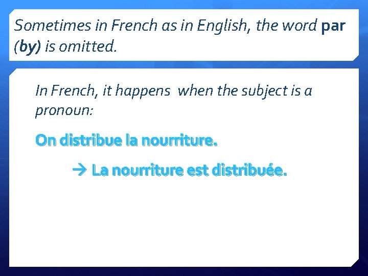 Sometimes in French as in English, the word par (by) is omitted. In French,