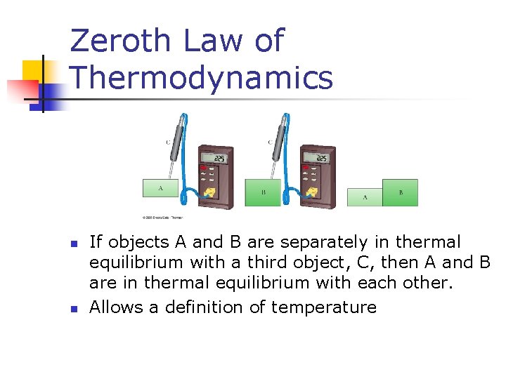 Zeroth Law of Thermodynamics n n If objects A and B are separately in