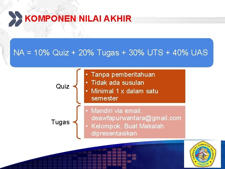KOMPONEN NILAI AKHIR Add your company slogan NA = 10% Quiz + 20% Tugas