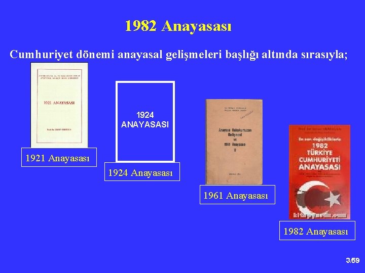 1982 Anayasası Cumhuriyet dönemi anayasal gelişmeleri başlığı altında sırasıyla; 1924 ANAYASASI 1921 Anayasası 1924