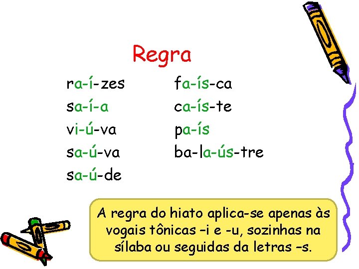 Regra ra-í-zes sa-í-a vi-ú-va sa-ú-de fa-ís-ca ca-ís-te pa-ís ba-la-ús-tre A regra do hiato aplica-se