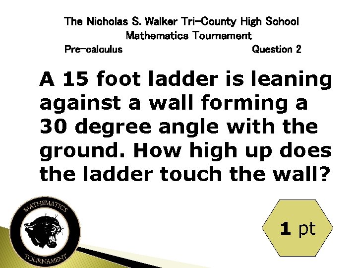 The Nicholas S. Walker Tri-County High School Mathematics Tournament Pre-calculus Question 2 A 15