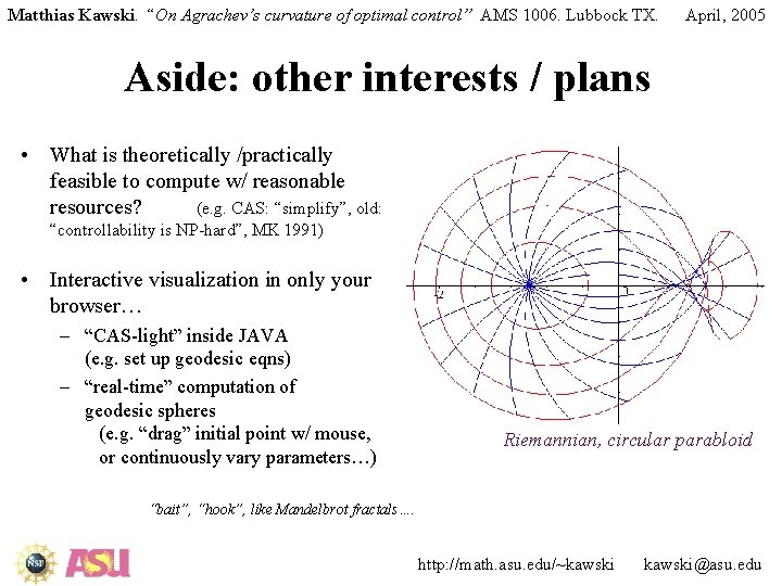 Matthias Kawski. “On Agrachev’s curvature of optimal control” AMS 1006. Lubbock TX. April, 2005