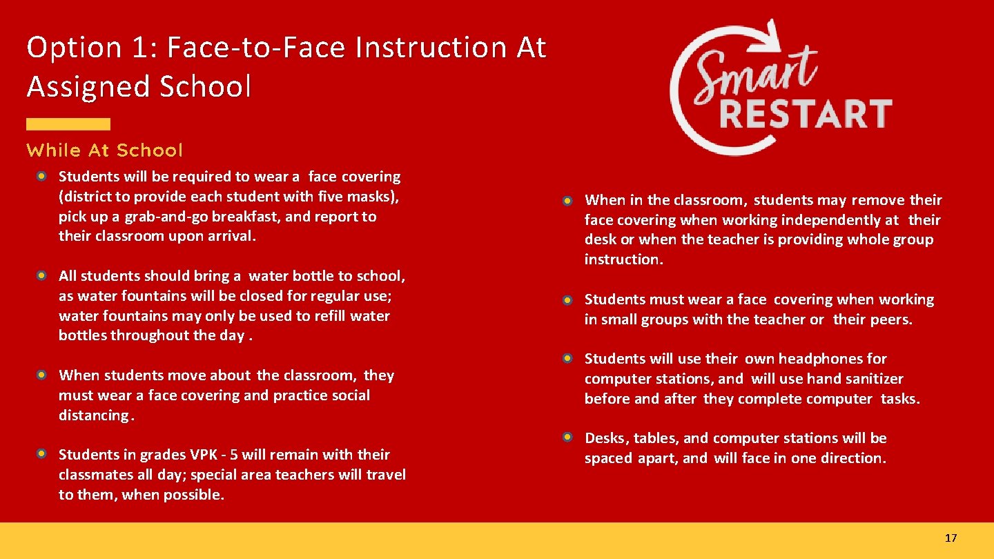 Option 1: Face-to-Face Instruction At Assigned School While At School Students will be required