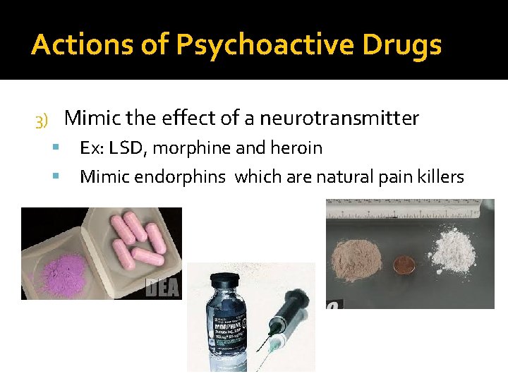 Actions of Psychoactive Drugs Mimic the effect of a neurotransmitter 3) Ex: LSD, morphine