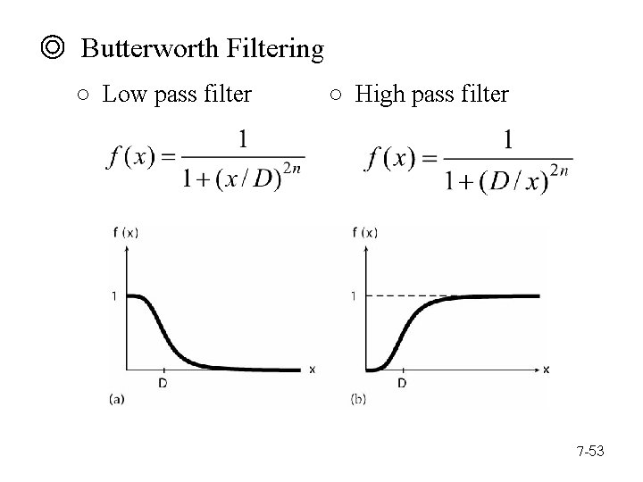 ◎ Butterworth Filtering ○ Low pass filter ○ High pass filter 7 -53 