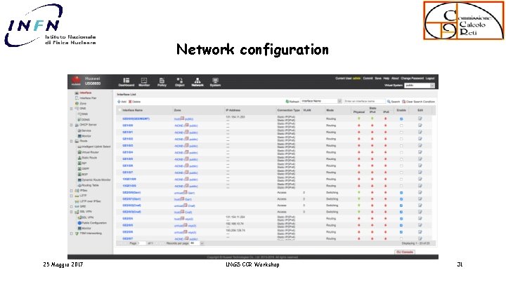 Network configuration 25 Maggio 2017 LNGS CCR Workshop 31 