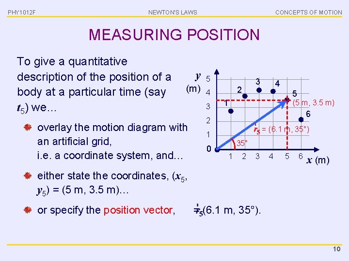 PHY 1012 F NEWTON’S LAWS CONCEPTS OF MOTION MEASURING POSITION To give a quantitative