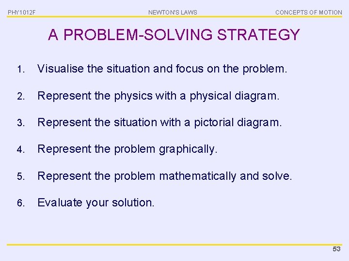 PHY 1012 F NEWTON’S LAWS CONCEPTS OF MOTION A PROBLEM-SOLVING STRATEGY 1. Visualise the