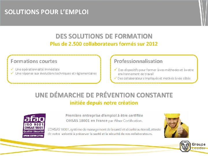 SOLUTIONS POUR L’EMPLOI DES SOLUTIONS DE FORMATION Plus de 2. 500 collaborateurs formés sur