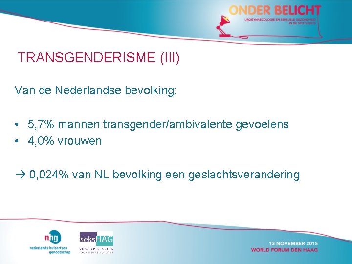 TRANSGENDERISME (III) Van de Nederlandse bevolking: • 5, 7% mannen transgender/ambivalente gevoelens • 4,