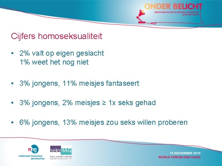 Cijfers homoseksualiteit • 2% valt op eigen geslacht 1% weet het nog niet •