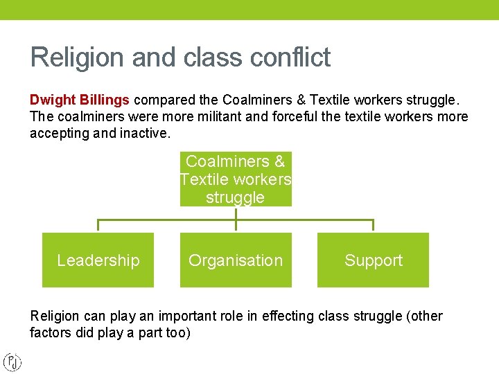 Religion and class conflict Dwight Billings compared the Coalminers & Textile workers struggle. The