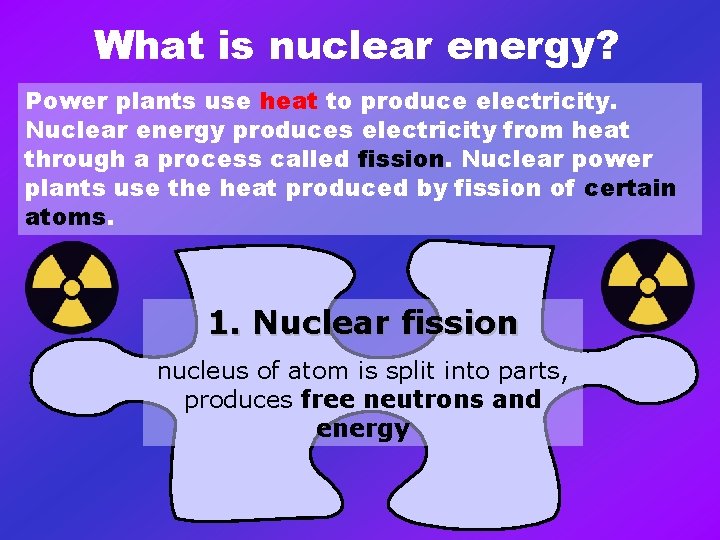 What is nuclear energy? Power plants use heat to produce electricity. Nuclear energy produces