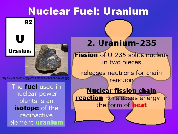 Nuclear Fuel: Uranium 92 U Uranium http: //www. ecolo. org/photos/uranium-black. jpg The fuel used