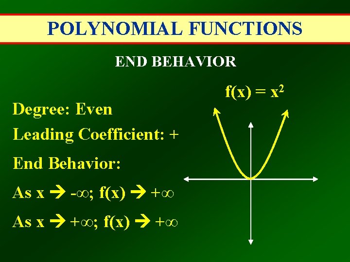 POLYNOMIAL FUNCTIONS END BEHAVIOR Degree: Even Leading Coefficient: + End Behavior: As x -∞;