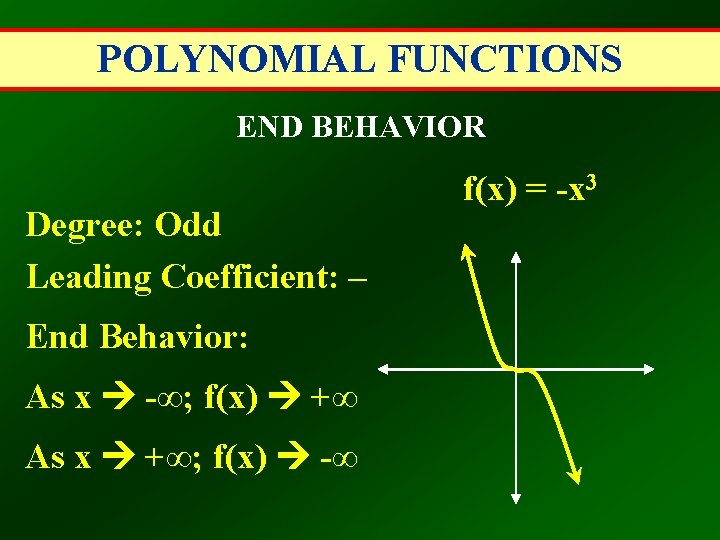 POLYNOMIAL FUNCTIONS END BEHAVIOR Degree: Odd Leading Coefficient: – End Behavior: As x -∞;