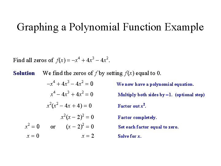 Graphing a Polynomial Function Example Find all zeros of f (x) = -x 4