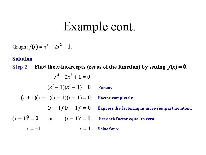 Example cont. Graph: f (x) = x 4 - 2 x 2 + 1.