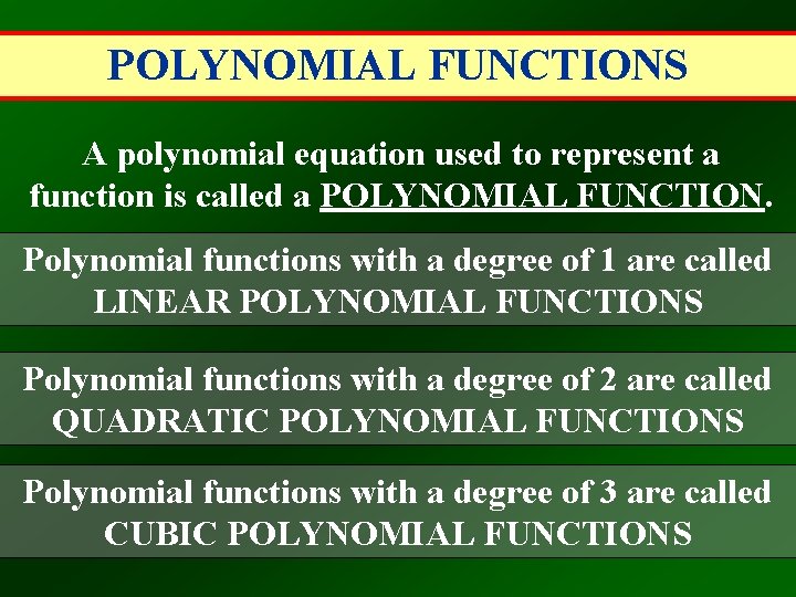 POLYNOMIAL FUNCTIONS A polynomial equation used to represent a function is called a POLYNOMIAL