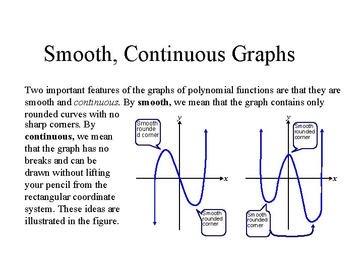 Smooth, Continuous Graphs Two important features of the graphs of polynomial functions are that