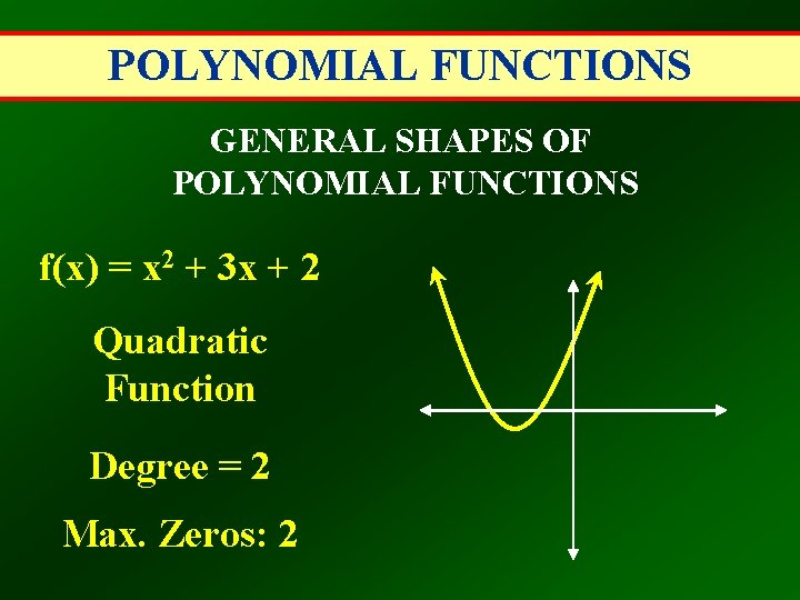 POLYNOMIAL FUNCTIONS GENERAL SHAPES OF POLYNOMIAL FUNCTIONS f(x) = x 2 + 3 x