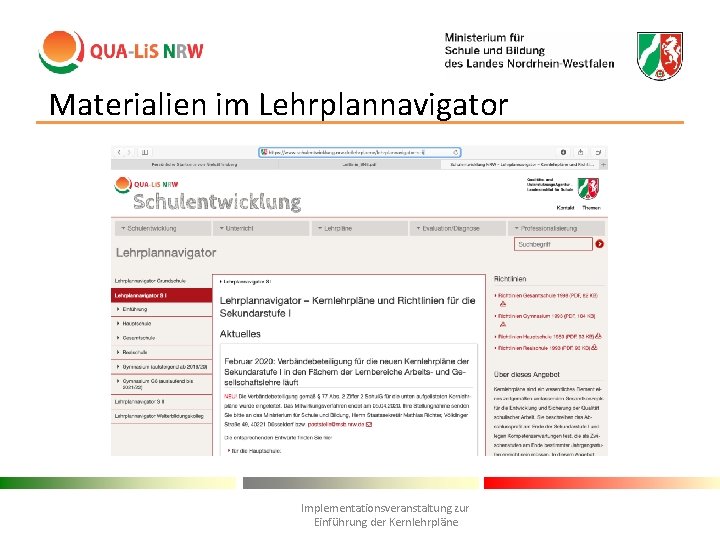 Materialien im Lehrplannavigator Implementationsveranstaltung zur Einführung der Kernlehrpläne 