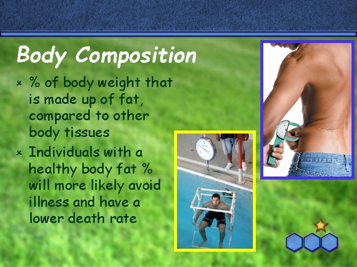 Body Composition % of body weight that is made up of fat, compared to