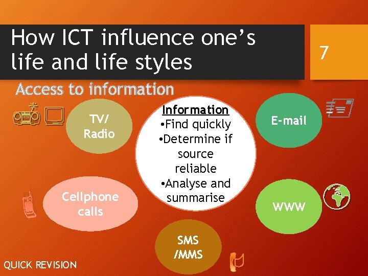 How ICT influence one’s life and life styles 7 Access to information TV/ Radio