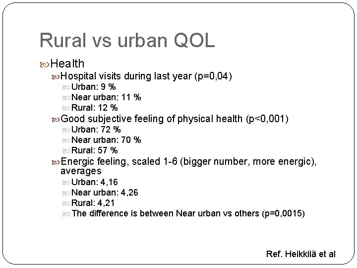 Rural vs urban QOL Health Hospital visits during last year (p=0, 04) Urban: 9