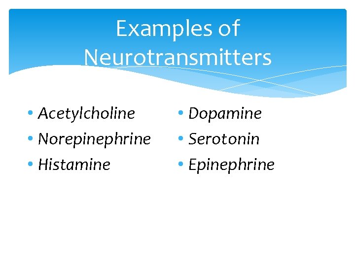 Examples of Neurotransmitters • Acetylcholine • Norepinephrine • Histamine • Dopamine • Serotonin •