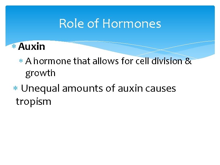Role of Hormones Auxin A hormone that allows for cell division & growth Unequal