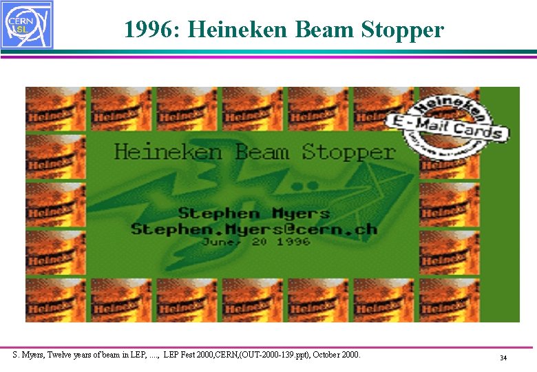 1996: Heineken Beam Stopper S. Myers, Twelve years of beam in LEP, . .